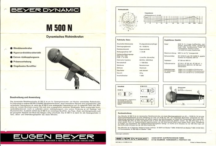 Mikrofon BEYERDYNAMIC M500N - originální příbalový leták
